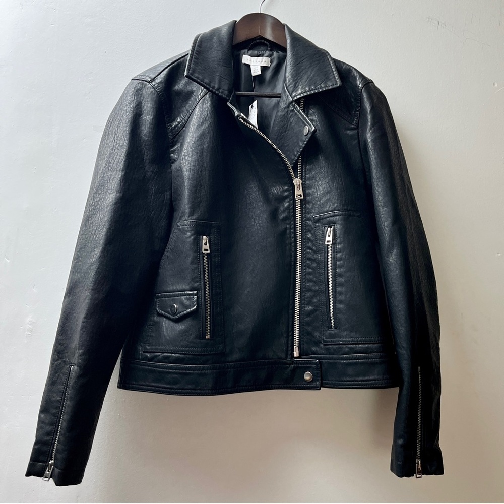 NWT Topshop Black Textured Faux Leather Motorcycle Jacket Size 6